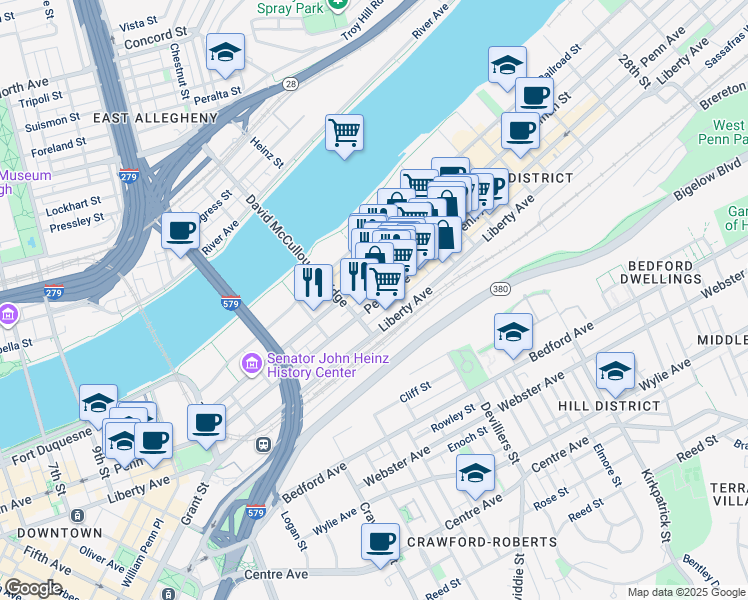map of restaurants, bars, coffee shops, grocery stores, and more near 1627 Penn Avenue in Pittsburgh