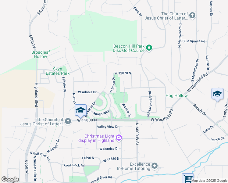 map of restaurants, bars, coffee shops, grocery stores, and more near 11968 North Ithica Drive in Highland