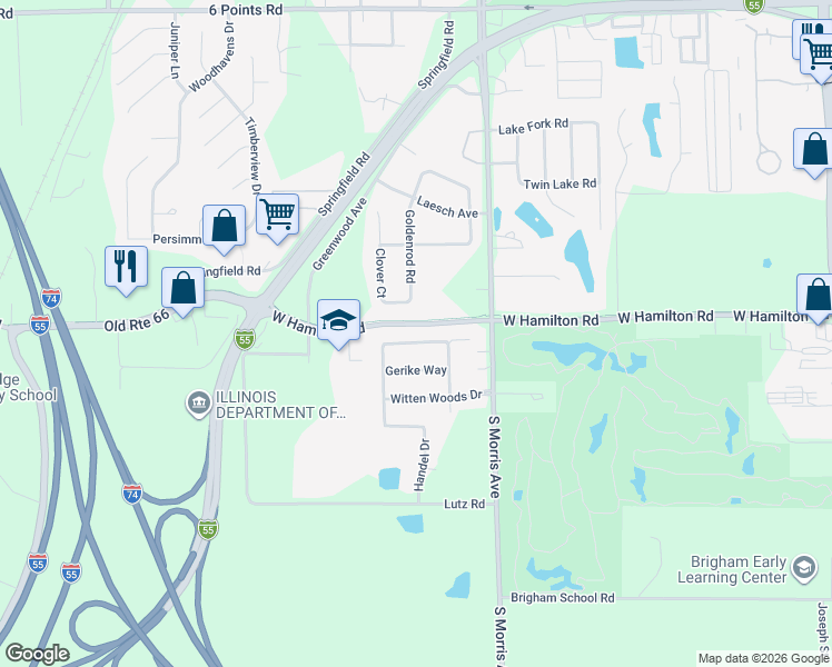 map of restaurants, bars, coffee shops, grocery stores, and more near 916 Wartburg Drive in Bloomington