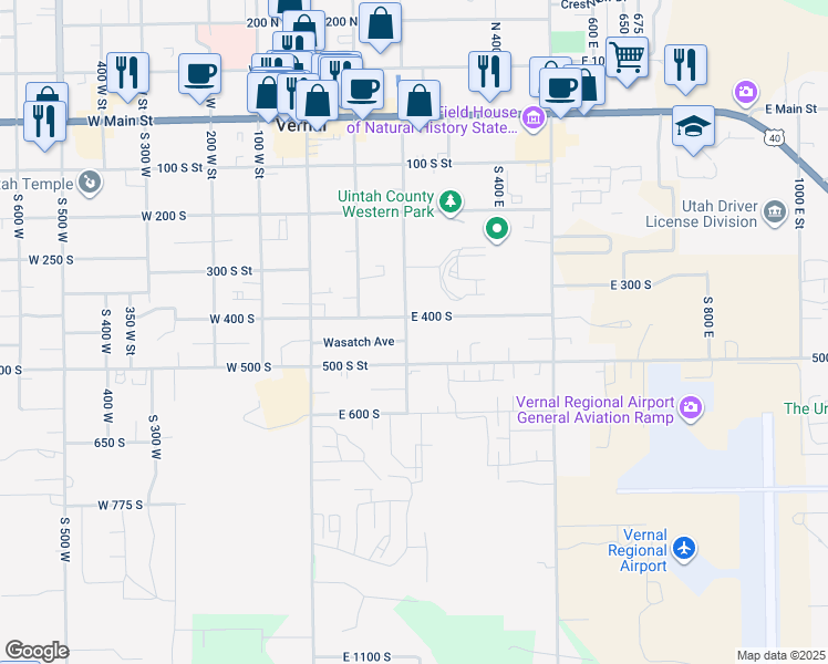 map of restaurants, bars, coffee shops, grocery stores, and more near 443 South 200 East in Vernal