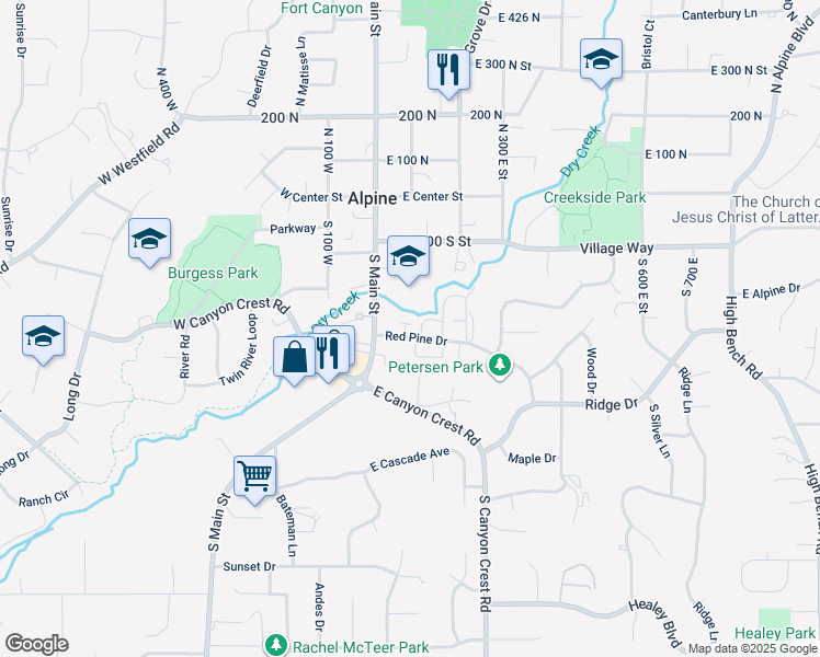 map of restaurants, bars, coffee shops, grocery stores, and more near 32 Red Pine Drive in Alpine
