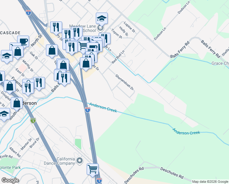 map of restaurants, bars, coffee shops, grocery stores, and more near 2601 Sapphire Lane in Anderson