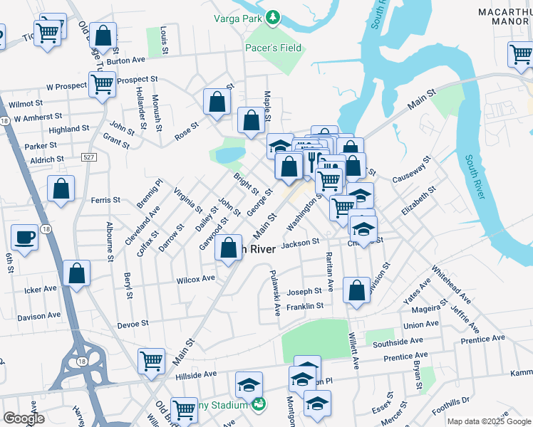 map of restaurants, bars, coffee shops, grocery stores, and more near 100 Main Street in South River