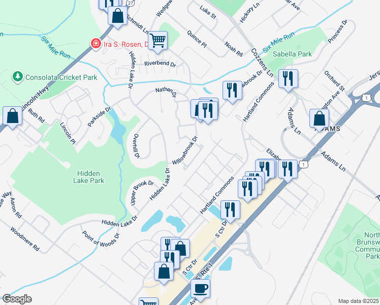 map of restaurants, bars, coffee shops, grocery stores, and more near 338 Willowbrook Drive in North Brunswick Township