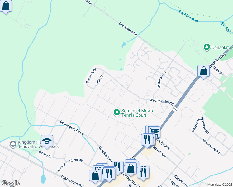 map of restaurants, bars, coffee shops, grocery stores, and more near 26 Reler Lane in Franklin Township