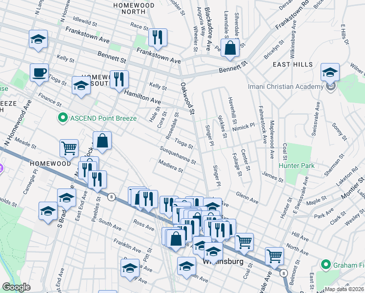 map of restaurants, bars, coffee shops, grocery stores, and more near 7945 Susquehanna Street in Pittsburgh