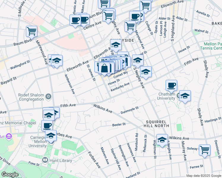 map of restaurants, bars, coffee shops, grocery stores, and more near 5425 Fifth Avenue in Pittsburgh