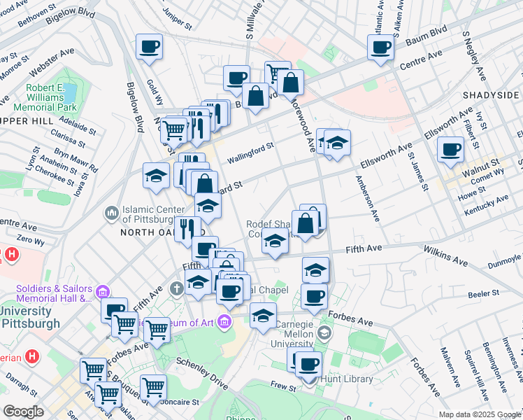 map of restaurants, bars, coffee shops, grocery stores, and more near 4729 Ellsworth Avenue in Pittsburgh