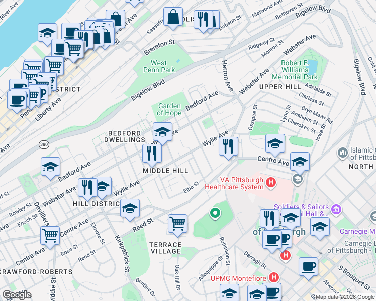 map of restaurants, bars, coffee shops, grocery stores, and more near 2629 Wylie Avenue in Pittsburgh