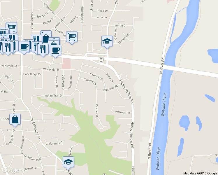 map of restaurants, bars, coffee shops, grocery stores, and more near 201-299 Chippewa Street in West Lafayette
