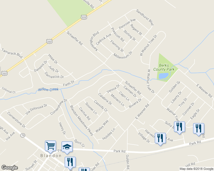 map of restaurants, bars, coffee shops, grocery stores, and more near 511 Calabria Drive in Blandon