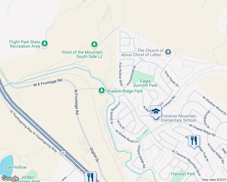 map of restaurants, bars, coffee shops, grocery stores, and more near 5025 North Shady Bend Lane in Lehi
