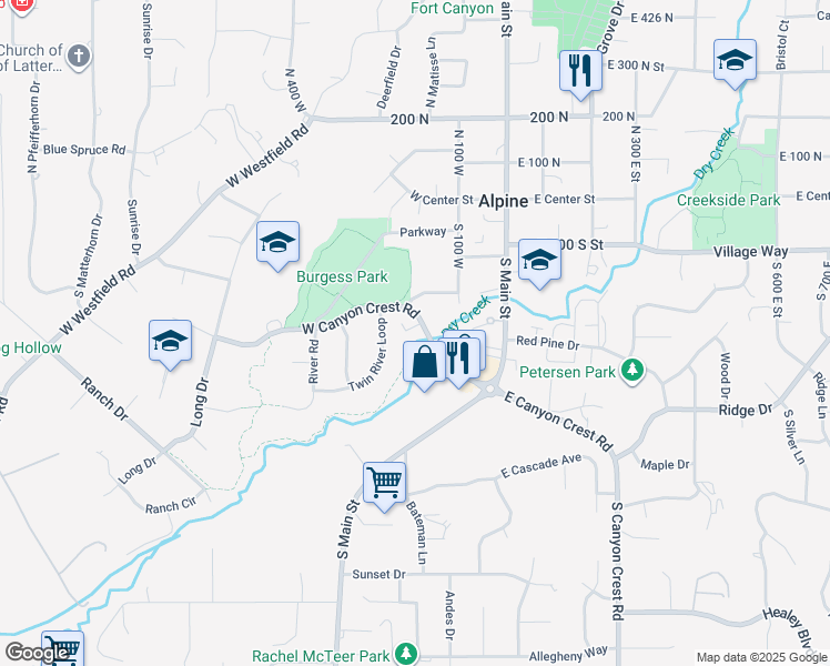 map of restaurants, bars, coffee shops, grocery stores, and more near 177 West Canyon Crest Road in Alpine