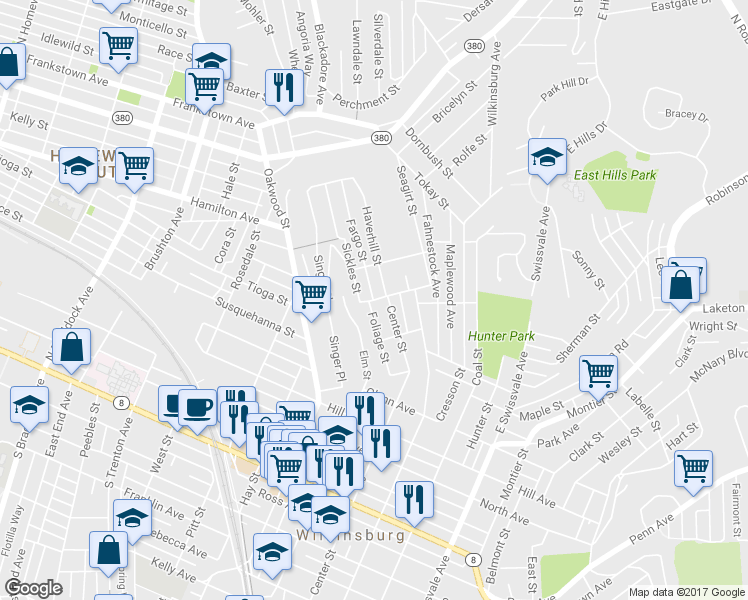 map of restaurants, bars, coffee shops, grocery stores, and more near 336 Fargo Street in Pittsburgh