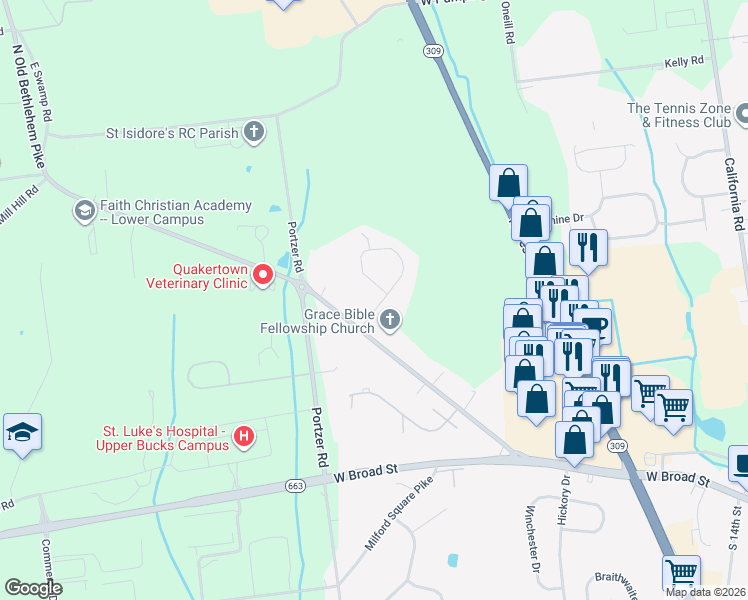 map of restaurants, bars, coffee shops, grocery stores, and more near 1014 Kile Circle in Quakertown