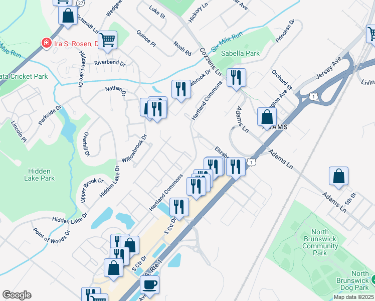 map of restaurants, bars, coffee shops, grocery stores, and more near 84 Clay Street in North Brunswick Township