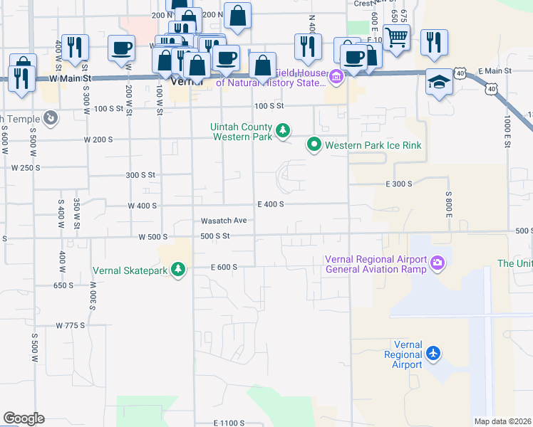 map of restaurants, bars, coffee shops, grocery stores, and more near 443 South 200 East in Vernal