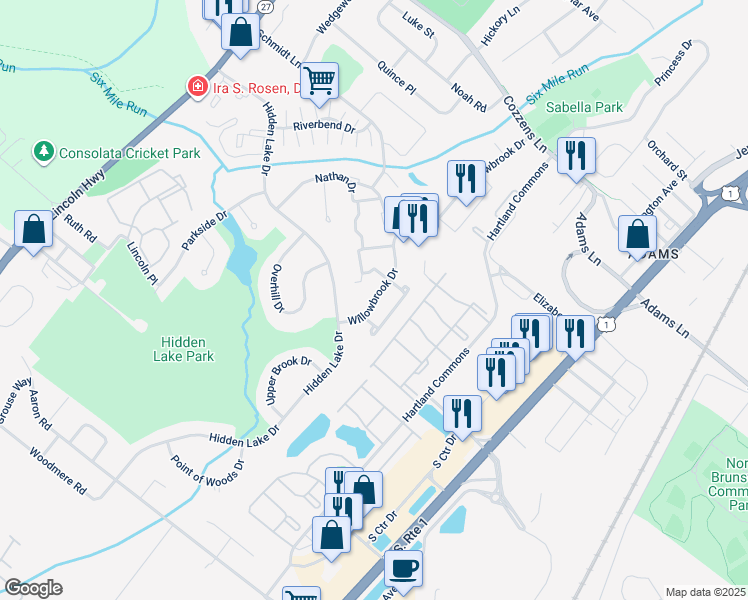 map of restaurants, bars, coffee shops, grocery stores, and more near 338 Willowbrook Drive in North Brunswick Township