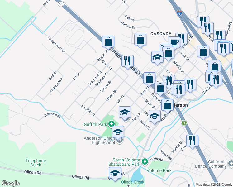 map of restaurants, bars, coffee shops, grocery stores, and more near 1796 Mill Street in Anderson