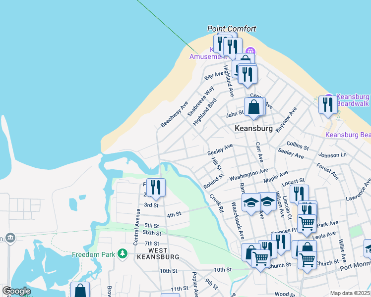 map of restaurants, bars, coffee shops, grocery stores, and more near Saint Peters Place in Keansburg