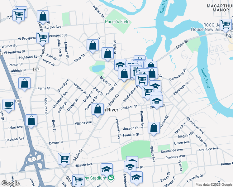 map of restaurants, bars, coffee shops, grocery stores, and more near 100 Main Street in South River