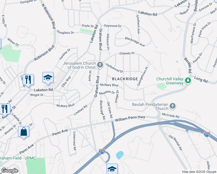 map of restaurants, bars, coffee shops, grocery stores, and more near 2335 Meadow Drive in Pittsburgh