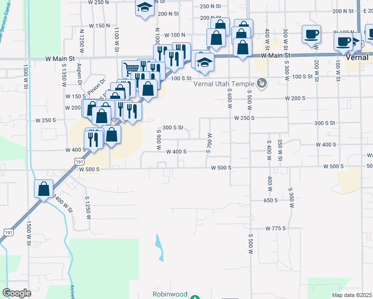 map of restaurants, bars, coffee shops, grocery stores, and more near 845 West 400 South in Vernal