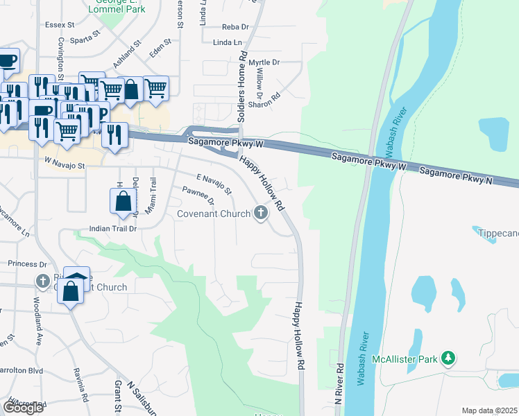 map of restaurants, bars, coffee shops, grocery stores, and more near 299 Chippewa Street in West Lafayette