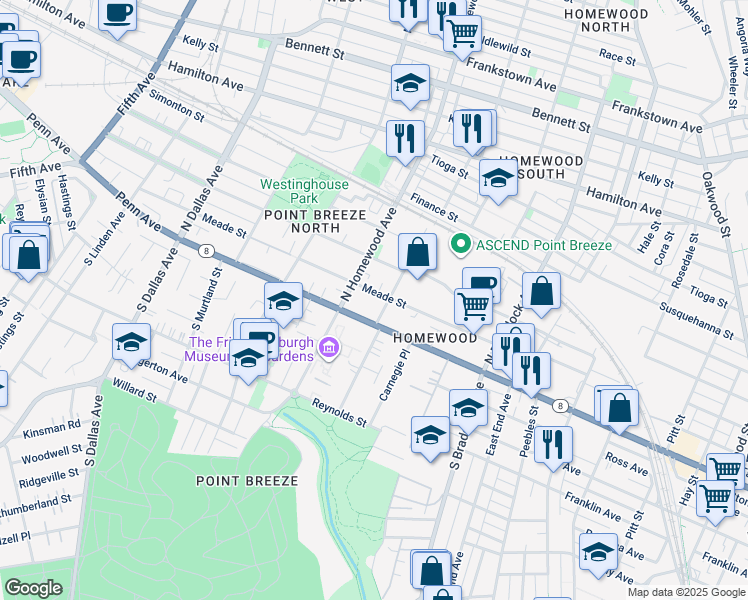 map of restaurants, bars, coffee shops, grocery stores, and more near 7218 Meade Street in Pittsburgh