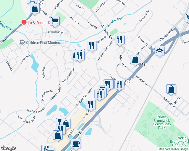 map of restaurants, bars, coffee shops, grocery stores, and more near 76 Clay Street in North Brunswick Township