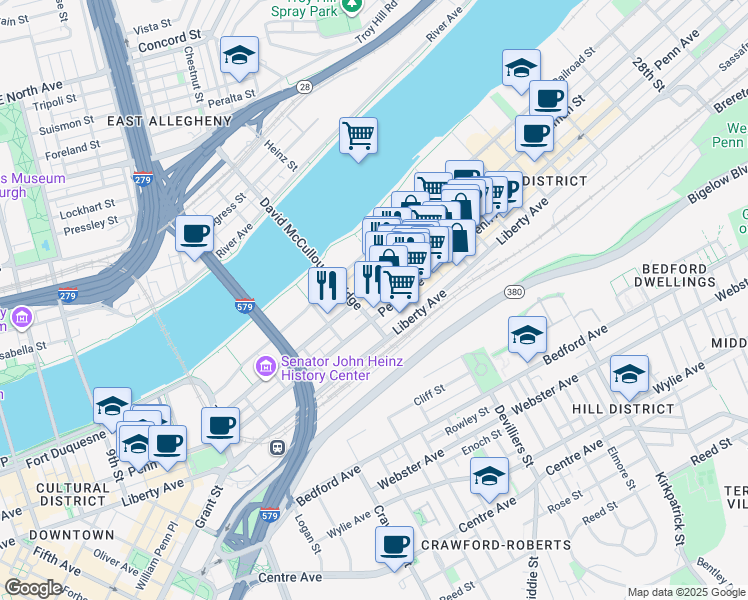 map of restaurants, bars, coffee shops, grocery stores, and more near 1600 Smallman Street in Pittsburgh
