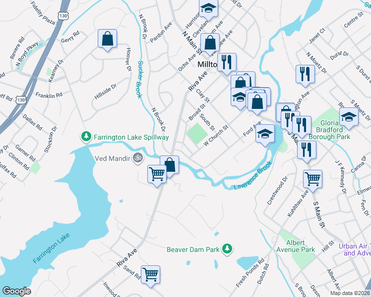 map of restaurants, bars, coffee shops, grocery stores, and more near 149 West Church Street in Milltown