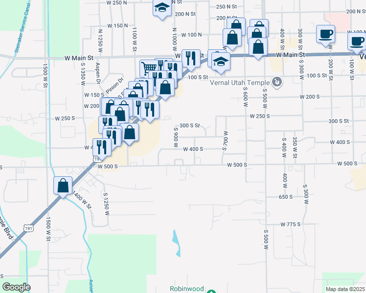 map of restaurants, bars, coffee shops, grocery stores, and more near 887 West 400 South in Vernal