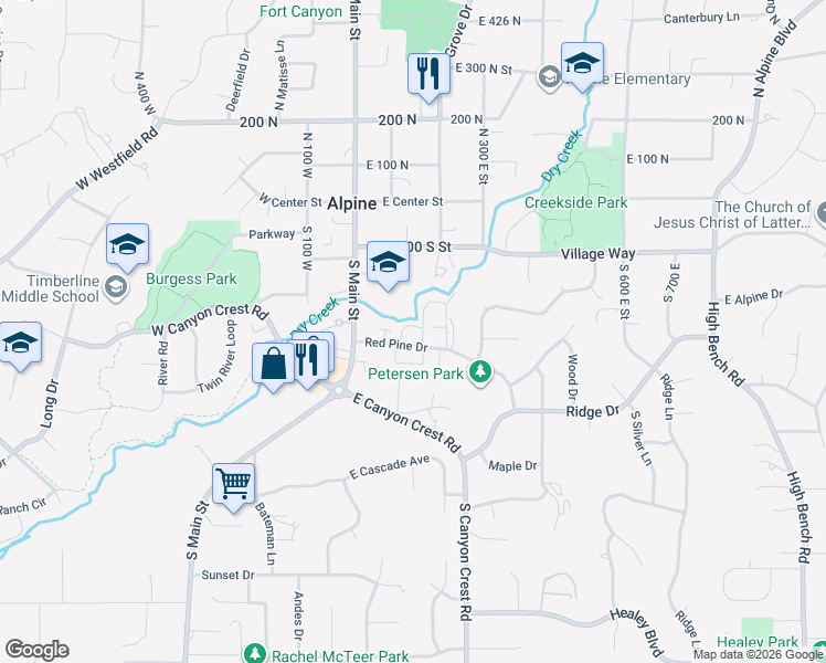 map of restaurants, bars, coffee shops, grocery stores, and more near 134 Red Pine Drive in Alpine