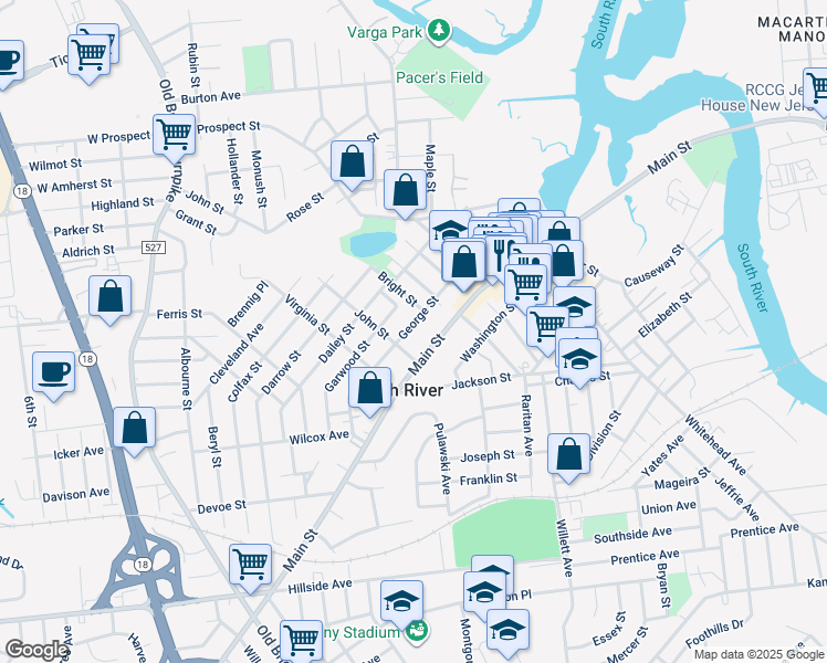 map of restaurants, bars, coffee shops, grocery stores, and more near 8 John Street in South River