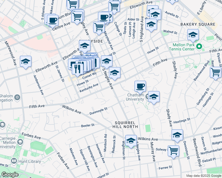 map of restaurants, bars, coffee shops, grocery stores, and more near 1035 South Negley Avenue in Pittsburgh