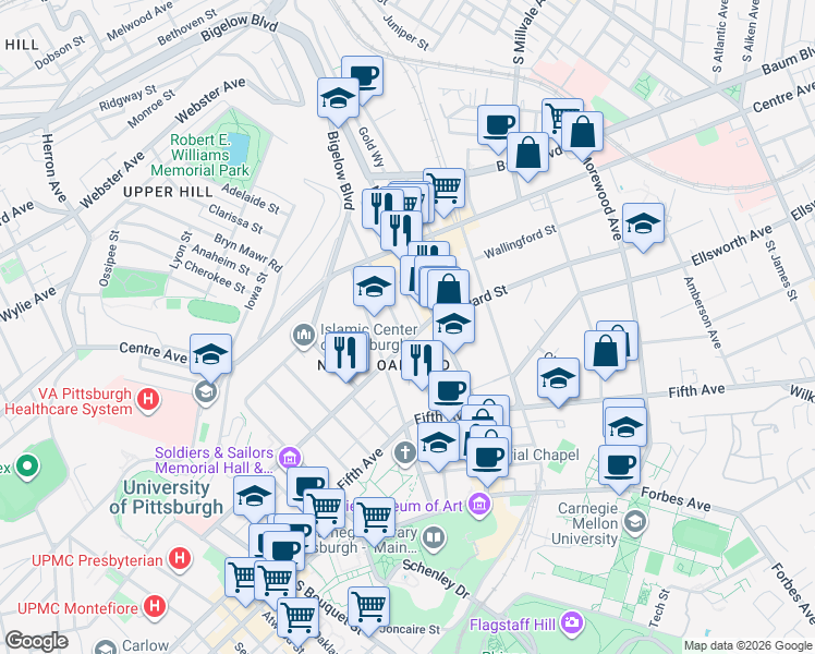 map of restaurants, bars, coffee shops, grocery stores, and more near 200 North Dithridge Street in Pittsburgh