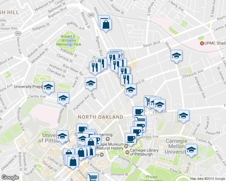 map of restaurants, bars, coffee shops, grocery stores, and more near 220 North Bellefield Avenue in Pittsburgh