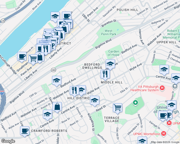 map of restaurants, bars, coffee shops, grocery stores, and more near 2284 Bedford Avenue in Pittsburgh
