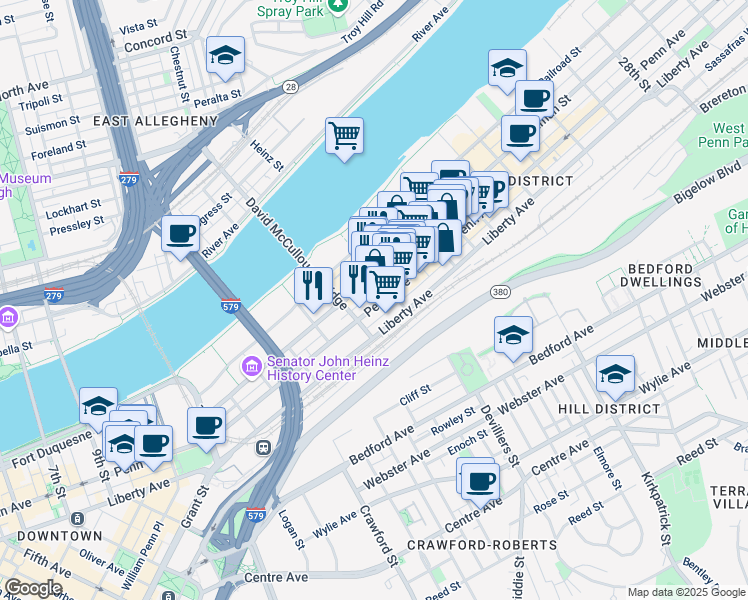 map of restaurants, bars, coffee shops, grocery stores, and more near 1601 Penn Avenue in Pittsburgh