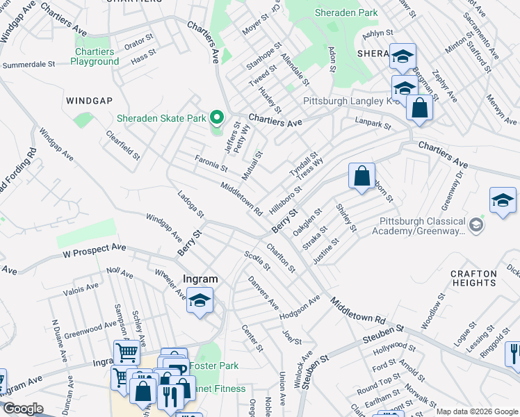 map of restaurants, bars, coffee shops, grocery stores, and more near 2925 Middletown Road in Pittsburgh