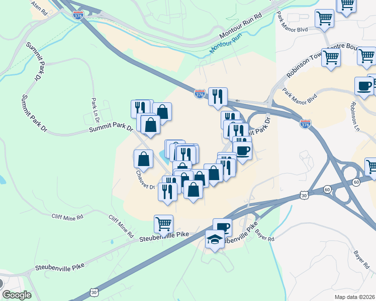 map of restaurants, bars, coffee shops, grocery stores, and more near in Pittsburgh