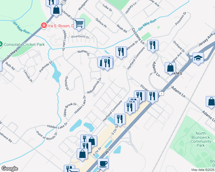 map of restaurants, bars, coffee shops, grocery stores, and more near 247 Goodwin Drive in North Brunswick Township