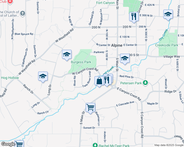 map of restaurants, bars, coffee shops, grocery stores, and more near 259 Twin River Loop in Alpine
