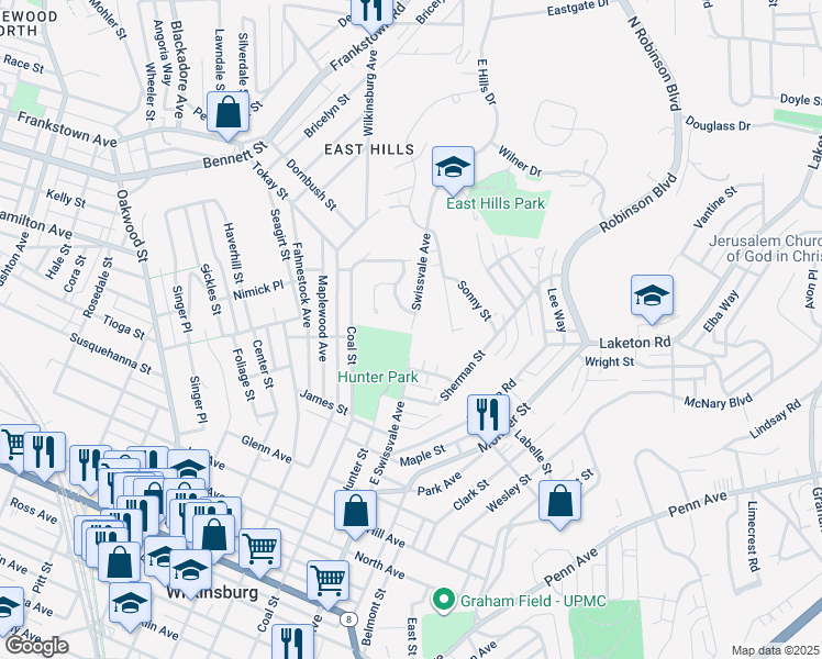 map of restaurants, bars, coffee shops, grocery stores, and more near Swissvale Avenue in Allegheny County