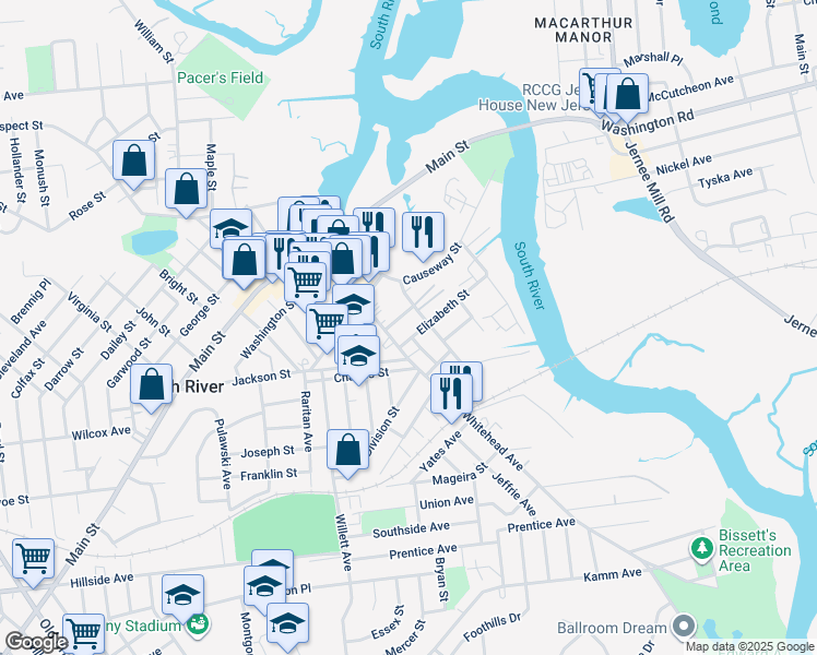 map of restaurants, bars, coffee shops, grocery stores, and more near 2 Elizabeth Street in South River