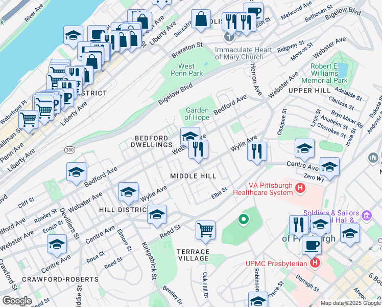 map of restaurants, bars, coffee shops, grocery stores, and more near 631 Watt Street in Pittsburgh