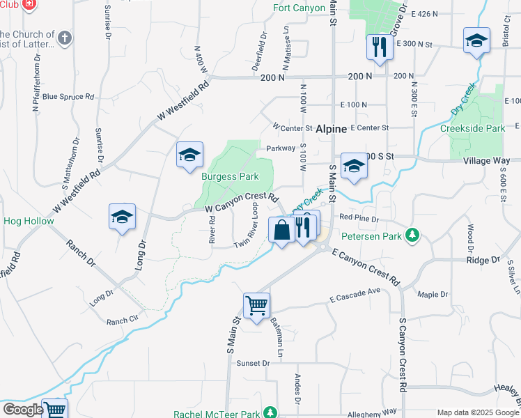 map of restaurants, bars, coffee shops, grocery stores, and more near 259 Twin River Loop in Alpine