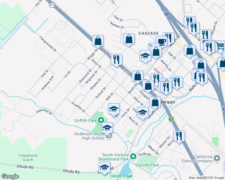 map of restaurants, bars, coffee shops, grocery stores, and more near 1796 Mill Street in Anderson