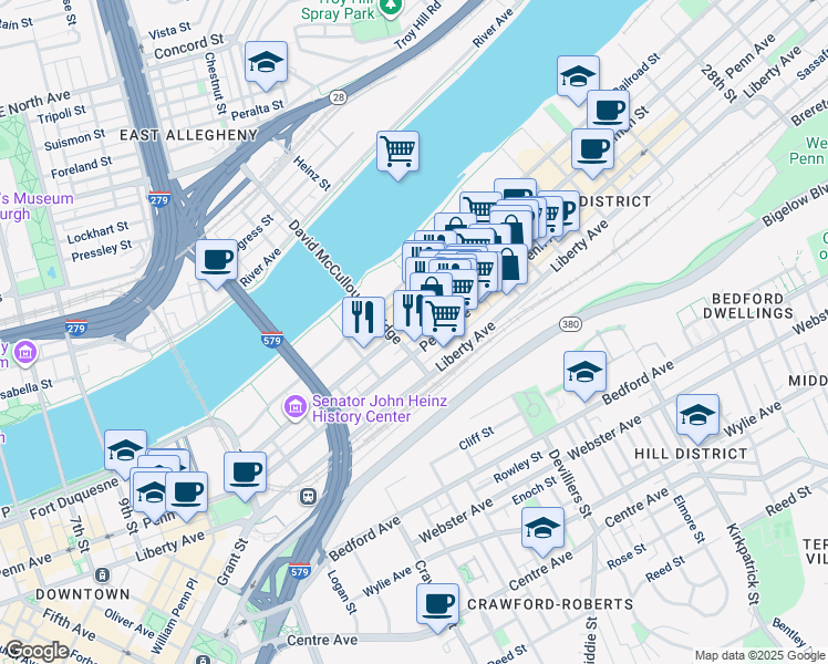 map of restaurants, bars, coffee shops, grocery stores, and more near 1600 Smallman Street in Pittsburgh